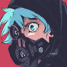 an anime character with blue hair wearing a gas mask