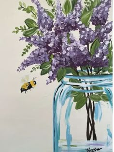 a painting of purple flowers in a blue mason jar with a bee on the side