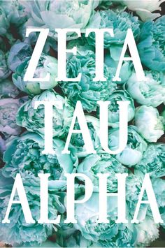 the words zeta tau alphia are in white letters on top of green flowers