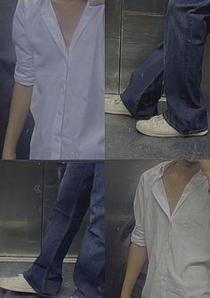 four different shots of a man in jeans and white shirt