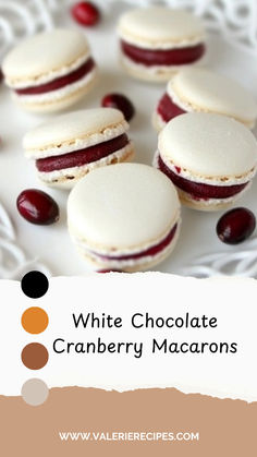 white chocolate cranberry macarons on a plate with the words, white chocolate cranberry macaroons