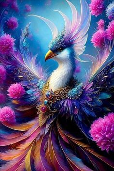 a painting of a bird with feathers and jewels on it's wings, surrounded by pink flowers