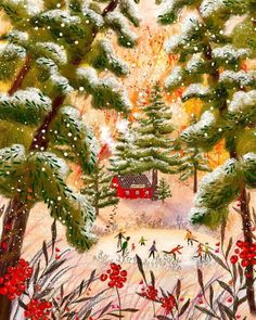 a painting of people in the snow near trees and a red house with white trimmings