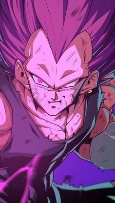 an animated image of gohan from the dragon ball fighterz video game, with purple hair and red eyes