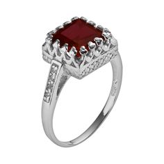 Enhance your favorite ensembles with this breathtaking crown ring. Click on this JEWELRY & WATCHES GUIDE to learn about fit, styles, materials and more!Ring Details: Width: 10 mm Metal: rhodium-plated sterling silver Stone Details: Stone type: genuine garnet, lab-created white sapphire Cut: asscher, round Setting: prong  Size: 12. Color: Red. Gender: female. Age Group: adult. Sapphire Crown, Sapphire Stones, Right Hand Rings, Crown Ring, Garnet Stone, Sapphire Stone, White Sapphire, Rhodium Plated, Sterling Silver Ring