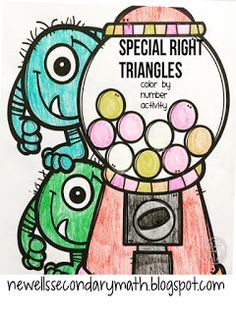 a drawing of two cartoon characters in front of a gumball machine with the words special right triangles color by number on it