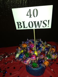 a sign that says 40 blows on top of a bowl filled with candy and candies