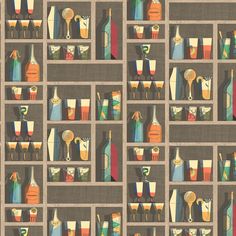 a wall with many different bottles and glasses on it