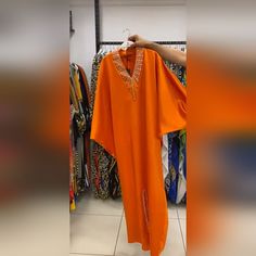 Stoned Satin Women Dress Available As Available As Seen In Sizes 14 _16 Long Orange Party Dress, Orange Kaftan For Party, Evening Kaftan Dress, Elegant Orange Spring Kaftan, Elegant Long Orange Kaftan, Evening Kaftan, Sleeveless Black Maxi Dress, Scoop Neck Midi Dress, Rose Maxi Dress