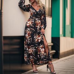 F00272404-103 Floral Print V-neck Maxi Dress For Night Out, Black V-neck Long Sleeve Dress For Spring, Fitted V-neck Maxi Dress For Fall, Chic V-neck Floral Dress For Fall, Casual Black Long Sleeve Maxi Dress, Long Sleeve Floral Print Maxi Dress, Black Long Sleeve Maxi Dress For Fall, Black V-neck Maxi Dress For Date Night, Elegant Black Floral Dress For Spring