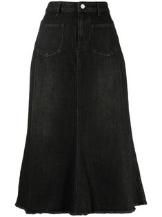 black cotton blend denim high-waisted belt loops two front pouch pockets two patch pockets A-line front button and zip fastening frayed hem calf-length Baggy Skirt, Maxi Jean Skirt, Denim Skirt Black, Black Jean Skirt, Midi Skirt Black, Yoko London, City Dress, Black Midi Skirt, Denim Midi Skirt