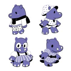 four cartoon animals with different outfits and hats