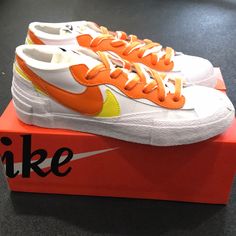 New In Box - Nike Blazer Low Sacai White Magma Orange Nike Blazer Low Platform Orange, Shoes Nike Blazer, White Athletic Sneakers, Nike Kyrie 3, Nike Blazer Low, Air Max 2090, Nike Air Vapormax Plus, Nike Air Pegasus, Nike Slides