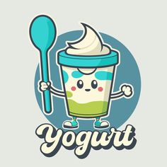 yogurt cartoon character holding a spoon and cup with whipped cream on top, in front of the word yogurt