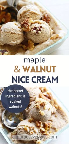 two pictures with ice cream and walnuts in them, one has an image of the same