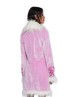 cuz they never saw true beauty till this night. Be warm and radiant in this long coat which has a velvet construction, embroidered designs on the sleeves and front, and faux fur trim. Long Sleeve Velvet Costume Outerwear, Long Sleeve Velvet Outerwear For Costume, Winter Velvet Costume Outerwear, Winter Velvet Outerwear, Velvet Outerwear For Costume, Pink Long Sleeve Outerwear For Costume Party, Winter Embroidered Velvet Outerwear, Coat With Fur Trim, Coat With Fur