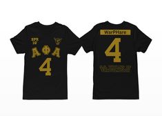 two black shirts with gold numbers on them