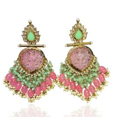 Indian jewellery online with mint pink gold plated earrings with pearls on gold plating. Fusion Style Pearl Drop Chandelier Earrings For Celebration, Fusion Style Chandelier Earrings With Pearl Drop For Celebration, Fusion Style Jeweled Bridal Earrings, Traditional Pearl Drop Earrings For Reception, Temple Style Chandelier Earrings For Reception, Festive Pearl Drop Earrings For Reception, Traditional Jeweled Pearl Earrings For Wedding, Elegant Jeweled Earrings For Reception, Fusion Style Elegant Bridal Earrings For Celebration