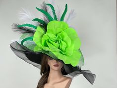 One of a Kind Hat!! Vogue hats are perfect for horse racing events, church, the Kentucky derby, weddings, garden tea parties and charity events. One size hat.(20.5"-23") adjustable inner band Brim is 10" ( 5.5" + 4.5") Flower is about 14" (made from foam ) Wired brim. THIS HAT IS NOT RETURNABLE AND IS NON-REFUNDABLE. Please visit my other shop https://www.etsy.com/shop/BridalWorldAccessory Thank you very much for shopping at my shop. Have a great day. Green Brimmed Top Hat For Kentucky Derby, Green Brimmed Hats For Kentucky Derby, Mad Hatter Diy Costume, White Felt Hat For Western-themed Events At Kentucky Derby, Handmade Wide-brim Fedora For Kentucky Derby, Brimmed Kentucky Derby Costume Hat, One Size, Cheap Hats, Tea Hats, Mad Hatter Hats