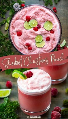 One image shows an overhead view of a bowl of sherbet christmas  punch. The second image shows a glass of punch on a wooden countertop with raspberries and lime wedges around it. Christmas Punch Sherbet, Holiday Punch With Sherbert, Holiday Punch With Sherbet, Sherbet Christmas Punch, Holiday Sherbet Punch, Christmas Punch Recipes With Sherbert, Fun Christmas Foods, Christmas Punch Sherbert, Punch For Christmas Party