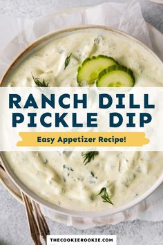 ranch dill pickle dip recipe in a bowl with cucumbers on the side