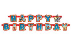 the words happy birthday are shown in red, blue and yellow letters with pictures on them