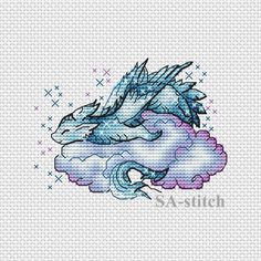 a cross stitch pattern with an image of a dragon flying through the sky on top of clouds