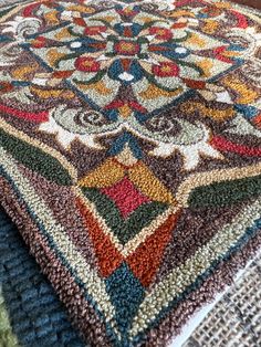 a multicolored area rug on the floor