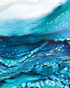 an abstract painting with blue water and bubbles