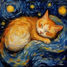 an orange and white cat sleeping on top of a blue starry night sky with stars