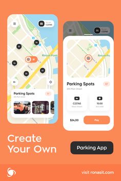 an orange background with the words create your own on it and two screens displaying parking spots