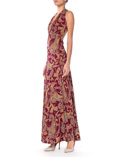 Elegant Fitted Maxi Dress With Paisley Print, Fitted Paisley Print Evening Dresses, Fitted Evening Dress With Paisley Print, Fitted Silk Dress With Paisley Print, Elegant Sleeveless Paisley Maxi Dress, Elegant Sleeveless Paisley Print Maxi Dress, Elegant Sleeveless Maxi Dress With Paisley Print, Fitted Burgundy Silk Dress, 1960s Cocktail Dress