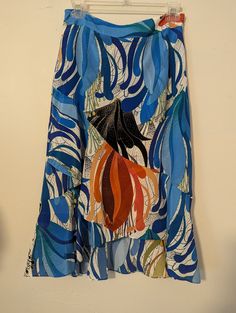 Kobi Halperin Skirt size small Ab3 Summer Blue Silk Maxi Skirt, Blue Silk Maxi Skirt For Summer, Long Vacation Skirt, Multicolor Silk Skirt, Multicolor Silk Flowy Skirt, Multicolor Flowy Silk Skirt, Casual Multicolor Asymmetrical Maxi Skirt, Patterned Long Skirt With Lining, Vacation Flowy Patterned Skirt