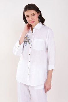 White shirt with blue thread placement embroidery in bird placement pattern. - Aza Fashions Embroidered Relaxed Fit Top For Work, Embroidered Tops For Workwear With Relaxed Fit, Relaxed Fit Embroidered Workwear Tops, Placement Pattern, Placement Embroidery, Embroidered Shirt, Women Tops, Shirt Women, Embroidery Thread