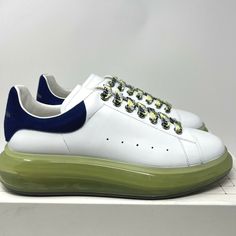 Blue Sneakers With Leather Sole For Streetwear, Blue Sneakers With Leather Sole And Round Toe, Uk Style, Alexander Mcqueen Men, Up Styles, White Green, Leather Sneakers, Men Fashion, Smooth Leather