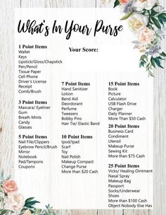 what's in your purse list with flowers and greenery on the table next to it