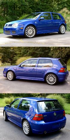 two pictures of a blue car parked in front of some trees and grass with the same color