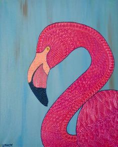 a painting of a pink flamingo on a blue background