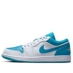 The Air Jordan 1 Low 'Aquatone' is a stylish and modern sneaker that is perfect for any occasion. It features a full leather upper with a mesh tongue and lining, and a white and light green base with a golden brand logo. The white midsole and Aqua rubber outsole complete the design. This sneaker is part of the Air Jordan 1 series, inspired by the classic basketball shoe. It is suitable for casual wear, sports activities, and more. Its blue colorway with Celestial Gold and White accents make it a unique and eye-catching shoe. Turquoise Sneakers For Sports With Round Toe, Custom Green Leather Breathable Sneakers, Turquoise Sneakers For Streetwear With Round Toe, Turquoise Round Toe Sneakers For Streetwear, Green Breathable Leather Custom Sneakers, Green Leather Breathable Custom Sneakers, Light Blue Air Jordans Low, Sporty Light Blue Low-top Jordan Shoes, Air Jordan 1 Low Ice Blue