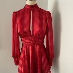 Silky And Soft Beautiful Date Dress/ Cocktails / Holidays It Zippers All The Way In The Back But Didn’t Wanna Force It On The Mannequin Bc The Fabric Didn’t Stretch Bust 34 Waist 28 Length 30 Shoulder To Bottom Waist To Bottom 17.5 Size S Sleeve Length From Under Arm To Wrist 28 Great Condition ! Chic Fitted Red Silk Dress, Elegant Fitted Red Silk Dress, Elegant Red Fitted Silk Dress, Red Fitted Silk Dress, Fitted Red Silk Dress, Red Silk Dress For Party, Red Fitted Silk Midi Dress, Fitted Red Silk Midi Dress, Red Silk A-line Midi Dress