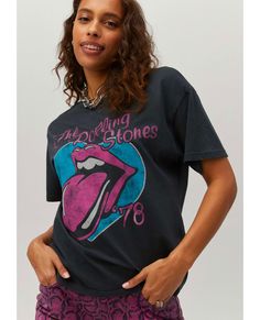 Flashback to 1978 live in Tucson. Fans of the Stones camped out for tickets to the big show, waiting hours in a jam-packed crowd for it to sell out in just 45 minutes. Commemorating the night The Rolling Stones dropped their ‘78 setlist, is the latest boyfriend tee to arrive. Featuring their hot lips logo in a distressed graphic center chest with a show ticket stamped on the back, this is truly a hot commodity. Bound to sell fast, don’t miss out this time around. Made from a soft 100% cotton, wi Lips Logo, Lip Logo, Oversized Crewneck, Big Show, Black Graphic Tees, Hot Lips, Boyfriend T Shirt, Boyfriend Tee, Sell Out