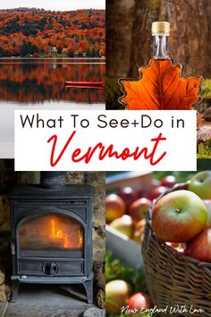 the words what to see and do in vermont surrounded by pictures of fall foliage, apples, an open fire with a bottle of wine