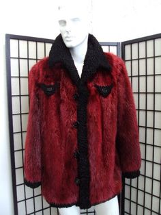 "BEAUTIFUL AND VERY STYLISH RED BEAVER FUR JACKET COAT FOR MEN. IT IS CREATED WITH SELECTED BEAVER FUR SKIN WORKED \"LET OUT\", THE BEST TECHNIQUE. IT IS ACCENTUATED WITH BLACK LAMB FUR TRIMMING. IT HAS A WING COLLAR, FRONT BUTTONS CLOSURE AND TWO SIDE POCKETS. THIS ITEM WAS MADE IN CANADA THIS COAT IS CUSTOM MADE: PLEASE PROVIDE US YOUR BODY MEASUREMENT SUCH AS HEIGHT, WEIGHT, CHEST CIRCUMFERENCE AND SLEEVE LENGTH. PLEASE NOTE, THAT IT WILL BE CLEANED BEFORE SHIPPING! MEASUREMENTS:   LENGTH: 34\" SLEEVE: CUSTOM MADE;  MEASURED FROM THE SIDE OF THE NECK; THEY CAN BE ADJUSTED ACCORDINGLY IF REQUESTED SIZE:  CUSTOM MADE- CREATED ACCORDING TO THE BODY MEASUREMENT WHY YOU SHOULD BUY YOUR PRE-OWNED FURS ONLY FROM OUR COMPANY? BECAUSE WE SIZE AND REPAIR OUR COATS BEFORE SHIPPING AND WE OFFER A R Luxury Burgundy Outerwear For Winter, Luxury Burgundy Winter Outerwear, Red Single Breasted Outerwear With Lapel Collar, Luxury Red Fall Outerwear, Burgundy Winter Formal Outerwear, Formal Red Long Sleeve Outerwear, Red Lapel Collar Outerwear For Winter, Designer Fur Coat For Fall Formal Events, Elegant Red Fur Coat For Winter