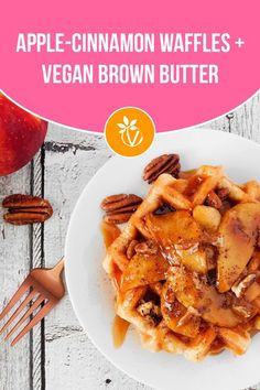 apple cinnamon waffles and vegan brown butter on a white plate with pecans