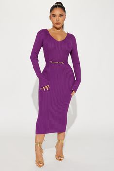 Available In Purple, Taupe, And Black. V- Neckline Midi Dress Long Sleeve Front Belted w/ Chain Detail Ribbed Stretch 68% Rayon 32% Polyester Imported California Proposition 65 WARNING: Cancer and Reproductive Harm - www.P65Warnings.ca.gov. | Rocking Baddie V- Neckline Midi Dress in Purple size Large by Fashion Nova Midi Dress Long Sleeve, Taupe Fashion, Rock Dresses, Purple Midi Dress, Fashion Nova Models, Xl Fashion, Dress Purple, Ribbed Dresses, Long Sleeve Midi