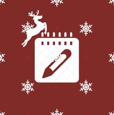 a red and white christmas background with snowflakes, santa's sleigh and pencil