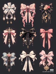 six different bows with pearls and jewels on them