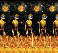 an image of some strange looking objects in the sky with fire and stars around them