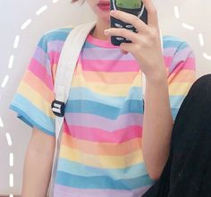 Rainbow Tee, Girl Rainbow, Sleeve Fashion, Sleeves (women), Pastel Rainbow, Rainbow Stripes, Comfy Tees, Striped Tee, Cotton Shorts