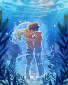 an underwater scene with two people embracing each other and trees in the foreground, under water